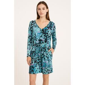 LOGO Lori Goldstein SZ L Aqua Watercolor V-neck Drawstring Mini-Dress-Pockets
